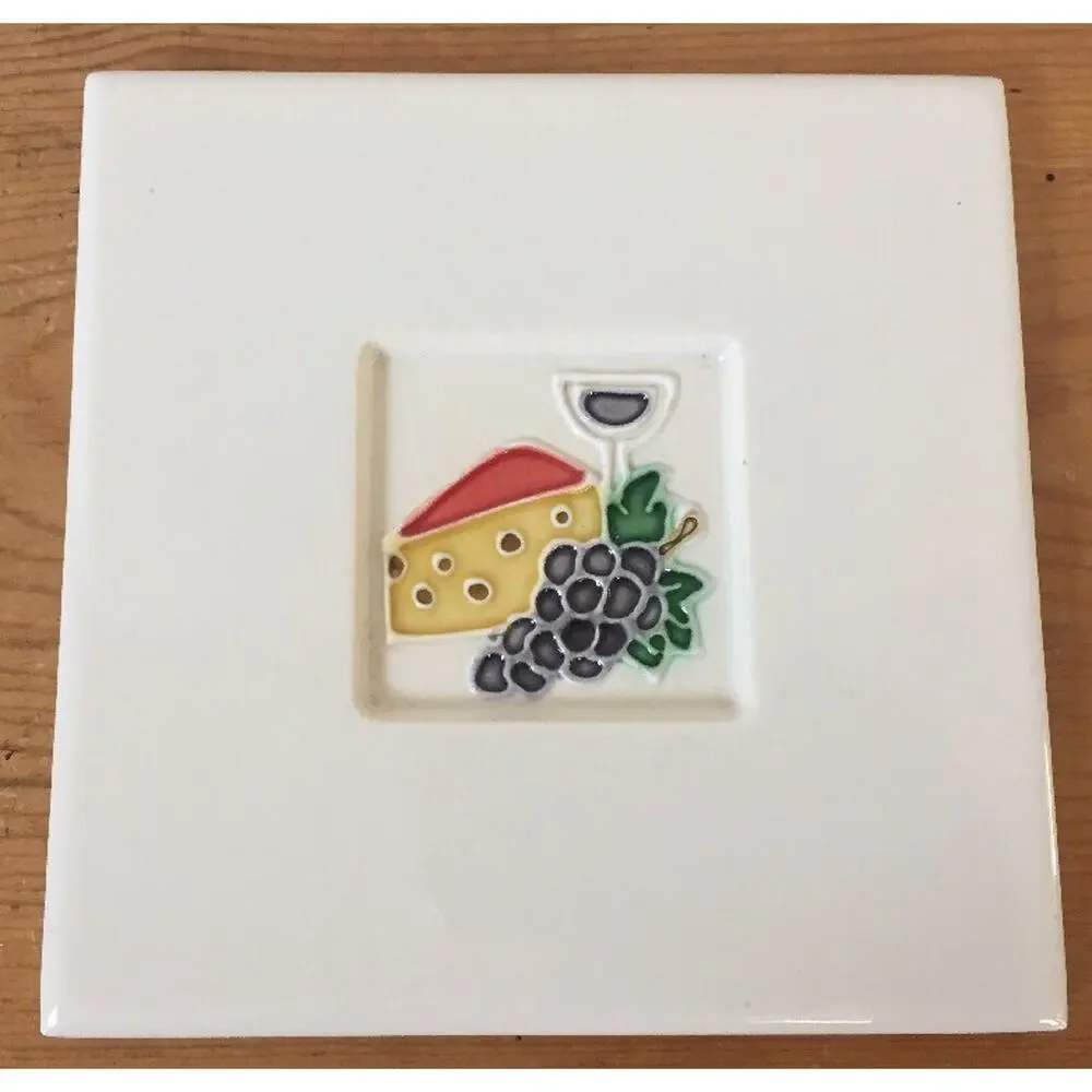 Pair Vtg Tomato Cheese Wine Red White Cork Backed Ceramic Tile Trivets 6